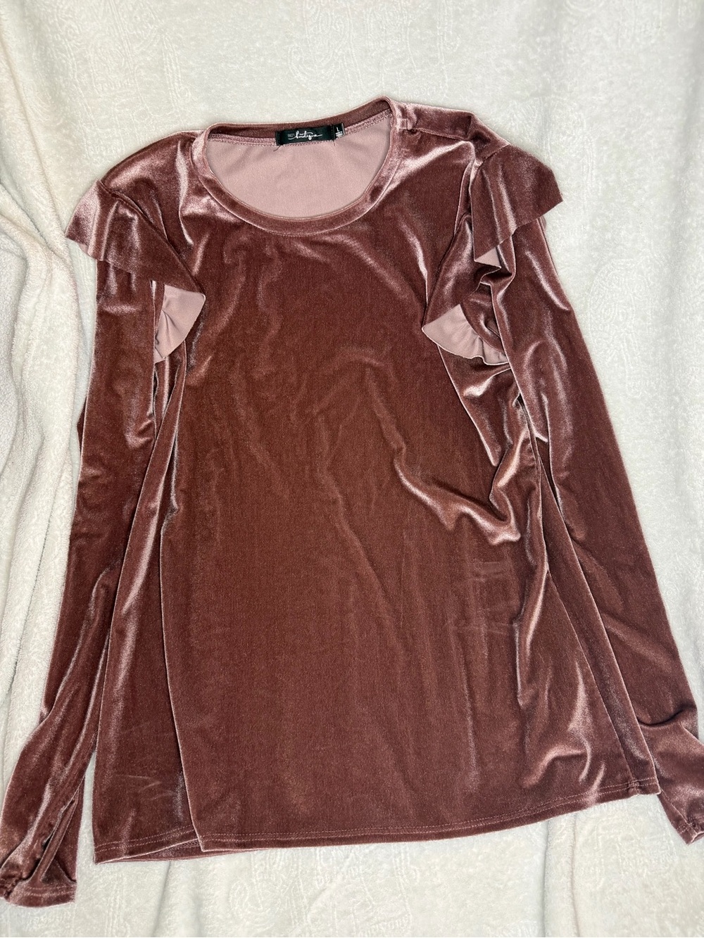 BKE Velvet Ruffle Long Sleeve Top - Mauve
